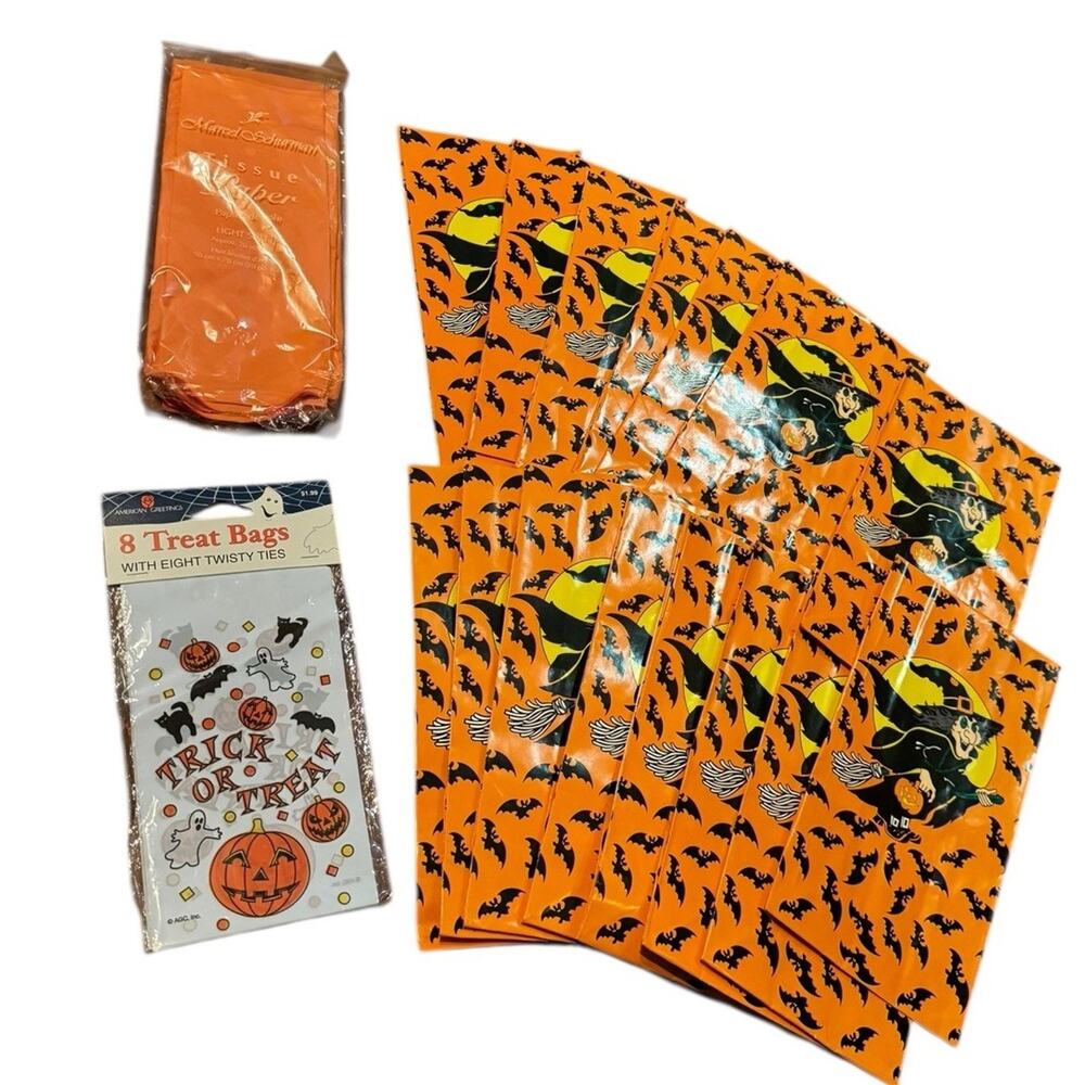 Vintage Halloween Witch Treat Bags Lot of 15 Bat Orange Paper Bags Pumpkin Ghost